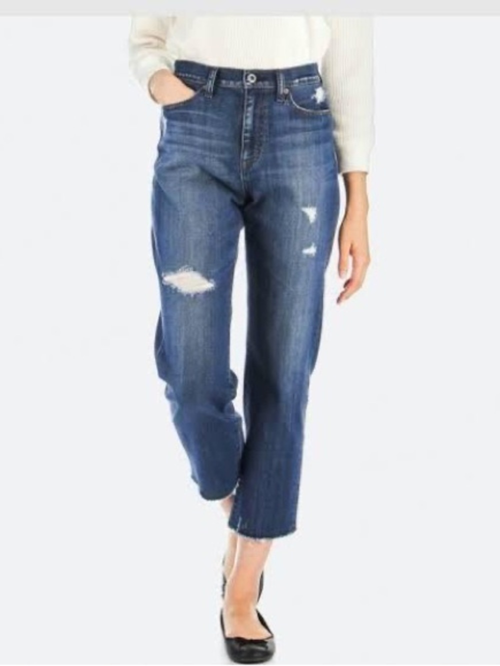 Uniqlo High Rise Boyfriend Straight Leg Jeans Dark Wash Ripped Ankle Size 23